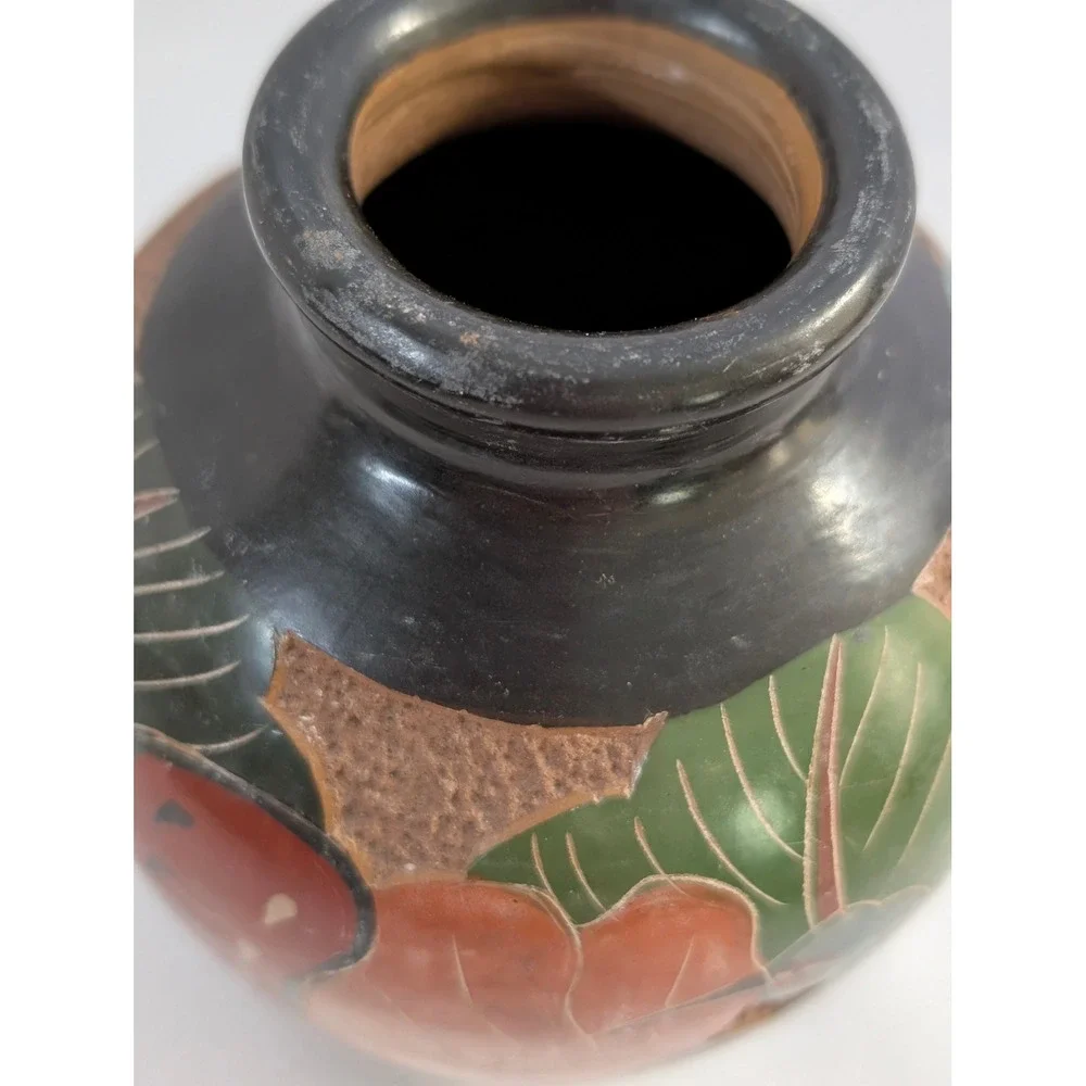 Vintage Folk Art Pottery Vase Bird Butterfly Flowers Black Clay Sgraffito